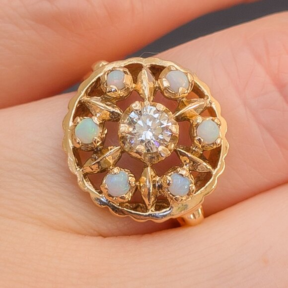 Vintage 14k Gold Rosette Ring · .25 ct Diamond + Opal Halo · Sz 6 ½ - Picture 5 of 16